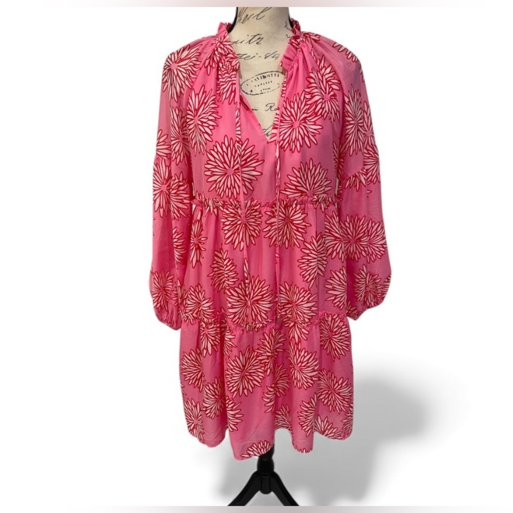 J.Marie Pink Floral Tiered Peasant Dress Size M | Lined | Boho Resort Style - Picture 2 of 9
